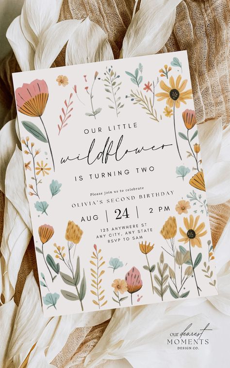 The perfect digital invitation template for your ‘boho wildflower’ themed birthday party! Effortlessly customize and share the joy online with this chic design. A perfect base for your decor to set the tone for a beautiful event! Perfect for hassle-free party planning. Make the day memorable and share the excitement with friends and family. Instant Download with the option of sending via text or printing. Visit 'Our Dearest Moments' to shop and buy now! Flower Themed Second Birthday, Wildflower Second Birthday Party, 2nd Birthday Flower Theme, Wildflower 2nd Birthday Party Girl, Wildflower Bday Party, Wild Flower Second Birthday, Wildflower Birthday Decorations, Floral 2nd Birthday Party, Flower 2nd Birthday Party