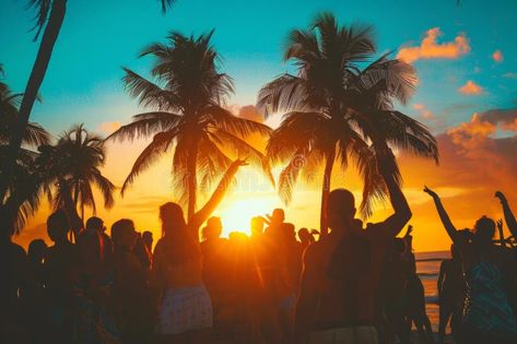 Silhouettes sway in a vibrant sunset at a tropical beach dance party, epitomizing summer joy. royalty free stock photography Beach Dance Party, Beach Dance, Stock Photography Free, Dance Party, Tropical Beach, The Festival, Beach Sunset, Beach Party, Stock Photography