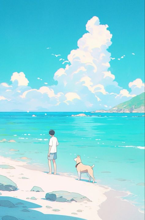 Anime Summer Illustration, Anime Summer Beach Art, Beach Drawing Anime, Anime Beach Scene, Beach Shore Drawing, Beach Anime Art, Beach Drawing Reference, Anime Summer Wallpaper, Summer Anime Art