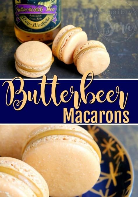 Harry Potter Baked Goods, Halloween Macarons Flavors, Butterbeer Treats, Fall Flavored Macarons, Fall Macaron Flavors, Butterbeer Macarons, Harry Potter Coffee Shop, Fall Macarons, Harry Potter Tea Party