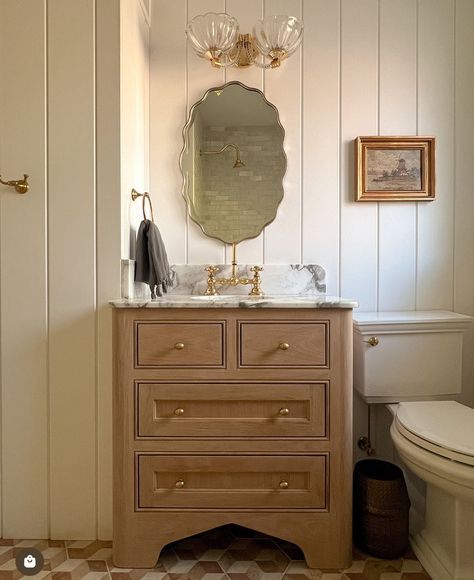 Toilet Next To Vanity, Scalloped Mirror, Stone Road, Cottage Bathroom, Small Bathroom Makeover, Hall Bathroom, Downstairs Bathroom, Small Bathroom Ideas, Girls Bathroom