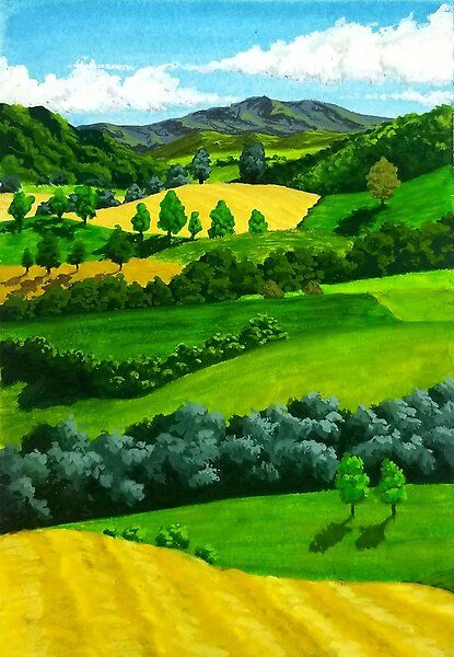 Landscape with mountains and rolling hills painted in gouache Classical Art Landscape, Hill Drawing Landscape, Hill Landscape Painting, Hills Drawing, Rolling Hills Painting, Hills Illustration, Painting Hills, Farm Landscape Painting, Rolling Hills Landscape