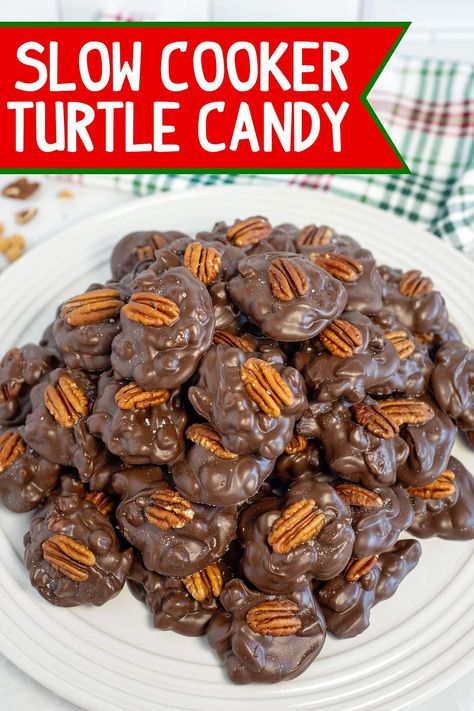 This Slow Cooker Turtle Candy recipe is the perfect blend of rich chocolate, yummy caramel, and crunchy pecans—creating a treat that’s hard to resist! Chocolate Pecan Turtle Clusters Easy, Slow Cooker Pecan Turtles, Crock Pot Turtles Candy, Slow Cooker Chocolate Turtles, Slow Cooker Turtle Candy, Crockpot Turtles Pecan Candy, Turtle Candy With Pecans And Caramel, Bark Candy Recipes, Slow Cooker Candy Recipes