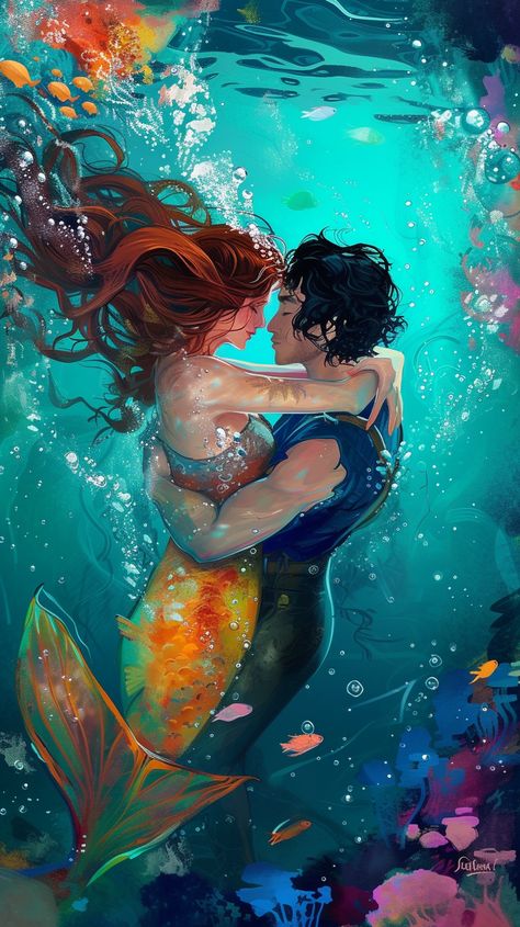 In the depth of the sapphire ocean, a mermaid and a merman's eyes met beautifully in a Twin Flame painting. It captured their quiet, underwater romance, charged with intensity and unspoken promises. Tails gracefully entwined, they moved in harmony, their connection palpable. Each brushstroke revealed passion, secrets, and a love story birthing amidst the marine spectacle. Mermaid Love Art, Mermaid Couple Poses, Twin Flame Painting, Satya Yuga, Flame Painting, Twin Flame Journey, Energy Consciousness, Underwater Painting, Divine Masculine