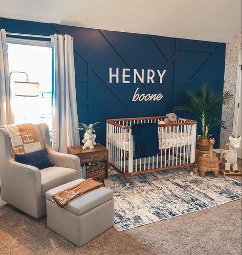 White And Navy Nursery, Navy Wall With Green Accents, Navy Themed Nursery, Brown And Navy Nursery, Dark Blue Nursery Wall, Navy Accent Nursery, Nursery Navy Accent Wall, Navy Grey Nursery, Navy Blue And Brown Nursery