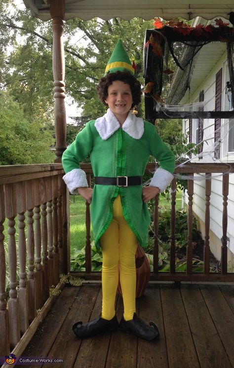 Natasha: My son is wearing this costume. He asked me to make it due to Elf being his favorite movie. The only thing bought was the shoe base and wig. Everything... Christmas Elf Costume Diy, Buddy The Elf Costume, Diy Elf Costume, Christmas Character Costumes, Coco Costume, Elf Costumes, Elf The Musical, Christmas Showcase, Diy Elf