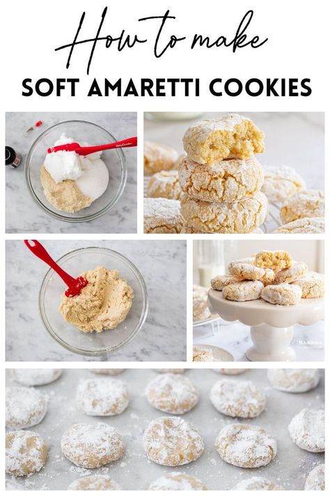 Collage with 5 photos of amaretti preparation. Easy Amaretti Cookies, Chewy Amaretti Cookies, Amaretto Recipes, Soft Amaretti Cookies, Amaretto Recipe, Amaretti Cookie Recipe, Cottagecore Recipes, Italian Biscuits, Italian Almond Cookies