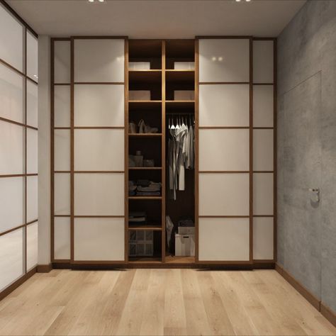 Japanese Closet Doors, Japanese Dressing Room, Japanese Walk In Closet, Japanese Wardrobe Design, Shoji Wardrobe, Japanese Closet Design, Japandi Wardrobe Design, Japandi Bedroom Closet, Shoji Closet Doors