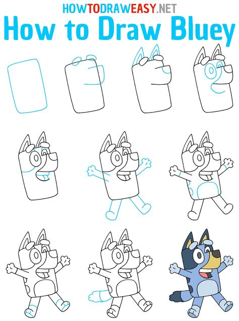 How to Draw Bluey Step by Step #Bluey #DrawingBluey #BlueyDrawing #HowtoDrawBluey #BlueyPuppy #PuppyDrawing #CartoonDog #CartoonDrawing #DrawingGuides Bluey Cartoon Sketch, Draw Bluey Step By Step, Bluey Cartoon Drawings Easy, Bluey Characters Drawing, Bluey Cartoon Watercolor, Bluey Bingo Drawings, Bluey Bingo Painting, Bluey Cartoon Painting, How To Draw Bluey Step By Step