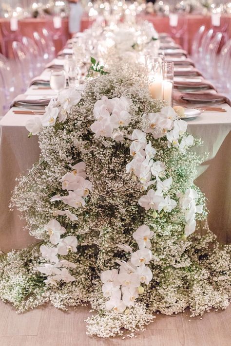 Runner of Orchids and Baby's Breath Modern Chic Wedding, Romantic Wedding Receptions, Floral Runner, Orchid Wedding, Baby Breath, Wedding Inside, Table Runners Wedding, Salou, Wedding Arrangements