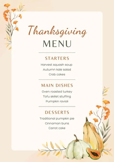 Templates Thanksgiving Menu Printable, Thanksgiving Menu Template, Pumpkin Ravioli, Traditional Pumpkin, Oven Roasted Turkey, Printable Menu, Printable Thanksgiving, Photo Collage Maker, Holiday Menus