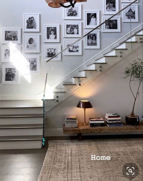 Frames On Staircase Wall, Wall Above Stairs Decor, Stairway Picture Wall, Staircase Photo Wall, Above Stairs Decor, Wedding Picture Walls, Cove House, Stairs Wall, Pic Frame