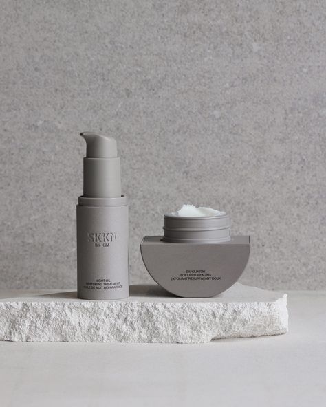 Grey Product Photography, Skkn Kim Products, Concrete Product Photography, Skin By Kim, Luxury Skincare Packaging, Beauty Cosmetics Design, Jar Packaging, Kkw Beauty, Makeup Package