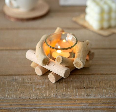 Have a mini bonfire in your home with this Mini Wood Logs with Glass Candle Holder. Goblincore room ideas. Goblincore inspiration. Goblincore room decor. Goblincore decor ideas. #toa #toashop #candleholder #goblincoreaesthetic Candlestick Christmas, Cheap Candle Holders, Wooden Candle Stand, Driftwood Candle Holders, Driftwood Candle, Tea Candle Holders, Wooden Candle Sticks, Wooden Candle, Candle Displays