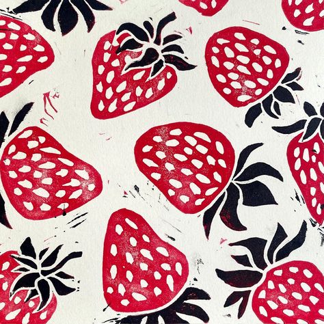 Strawberry Print Linocut Fruit Print, Fig Lino Print, Strawberry Lino Print, Pomegranate Lino Print, Fabric Stamping Diy, Beetle Linocut, Lino Print Pattern, Valentine Strawberries, Logo Shapes