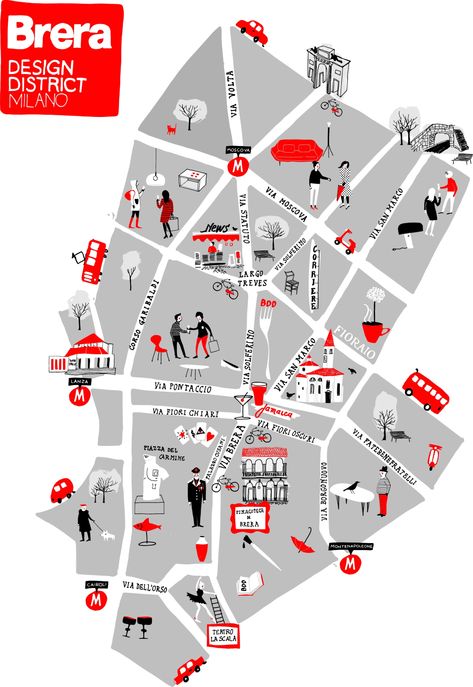 Milan Map, Maps Illustration Design, City Maps Illustration, Visuell Identitet, Mental Map, Map Projects, Infographic Map, Drawn Map, Tourist Map