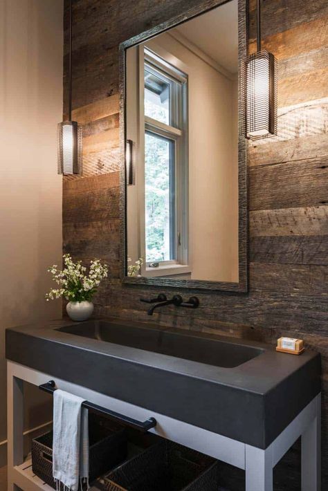 Gorgeous modern farmhouse radiates with warmth in North Carolina Farmhouse Hardware, Rustic Modern Bathroom, Farmhouse Powder Room, Powder Room Design Ideas, Wall Architecture, Bathroom Concrete, Modern Powder Rooms, Powder Room Ideas, Powder Room Remodel