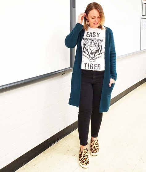 Fun, Non-Embarrassing Ice Breakers for High School & Middle School Students - EVERYDAY TEACHER STYLE Teal Cardigan Outfit Fall, Jeans Outfit Teacher, Teal Shoes Outfit, Teal Cardigan Outfit, Jeans And Leopard Shoes, Leopard Shoes Outfit, Casual Teacher Outfit, Project 333, Turquoise Shirt