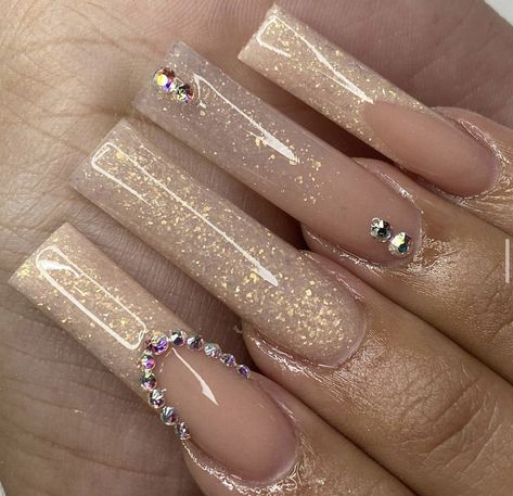 Simple Champagne Nails, Acrylic Nails Champagne Color, Champagne Acrylic Nails, Sparkly Acrylic Nails Coffin, Dama Nails, Champagne Colored Nails, Long Nails With Gems, Champagne Nail Designs, Nude And Gold Nails