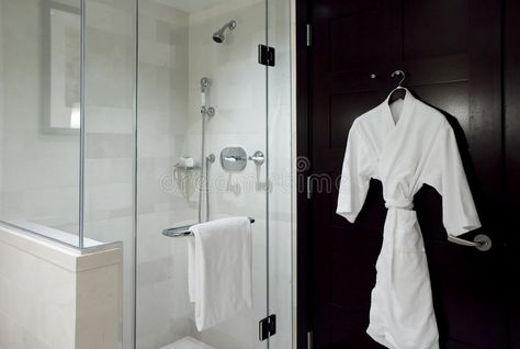 Bathrobe and shower. Bathrobe hanging by modern shower with glass doors , #SPONSORED, #hanging, #shower, #Bathrobe, #doors, #glass #ad Shower Head Placement, Glass Door Shower, Clear Shower Door, Shower Renovation, Custom Tile Shower, Hanging Door, Small Showers, Shower Units, Luxury Shower