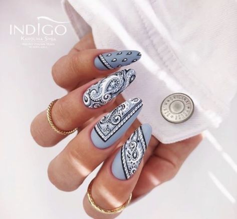 Sparkle Almond Nails, Paisley Nail Art, Bandana Nails, Western Nails, Think Spring, Indigo Nails, Nails Only, Acrylic Nails Coffin Short, Manicure At Home