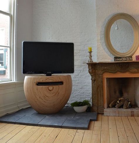 Unique shaped wooden tv stand by Leon Van Zanten Wooden Corner Tv Stand, Tv Stand Luxury, Unique Tv Stands, Tv Stand Modern Design, Tv Stand Modern, Bedroom Tv Stand, Tv Stand Ideas, Ikea Tv, Bedroom Tv Wall