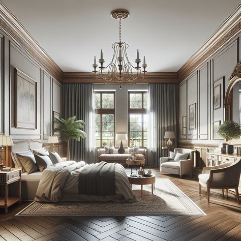 The walls should be coated in a neutral color palette to complement the overall scheme. Highlight other elements like a traditional wooden dresser, ornate area rug, and perhaps an elegant chandelier for a touch of luxury. A cozy seating area with upholstered chairs and a small table might be added for added functionality. This image should serve as inspiration for a room remodel. Old Money Bedroom Men, European Bedroom Aesthetic, Classic Bedroom Ideas, Old Money Bedroom, Ralph Lauren Bedroom, Classic Bedroom Decor, European Bedroom, Grand Chandelier, Classic Bedroom