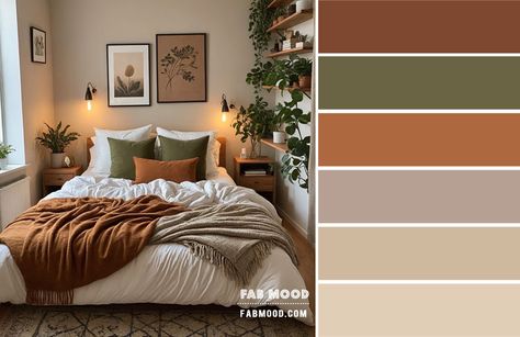 Complementary Colors Bedroom, Autumn Color Palette Bedroom, Terra Cotta Wall Color Master Bedrooms, Bedroom Decor Olive Green, Cinnamon Bedroom Color Schemes, Colour Palette Burnt Orange, Olive Green Rooms Ideas, Beige Bedroom Color Palette, Sage Green And Burnt Orange Bedroom Ideas