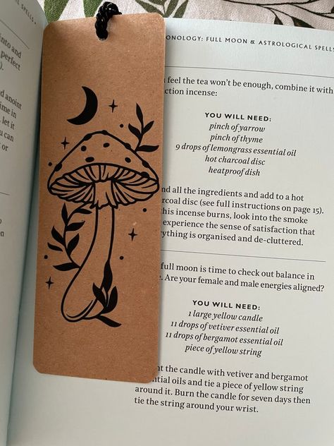 Bookmarks Handmade Creative, Herbs Book, Witchy Herbs, Black Bookmark, Mushroom Bookmark, Bookmark Making, Handmade Bookmarks Diy, Vintage Bookmarks, Forest Moon