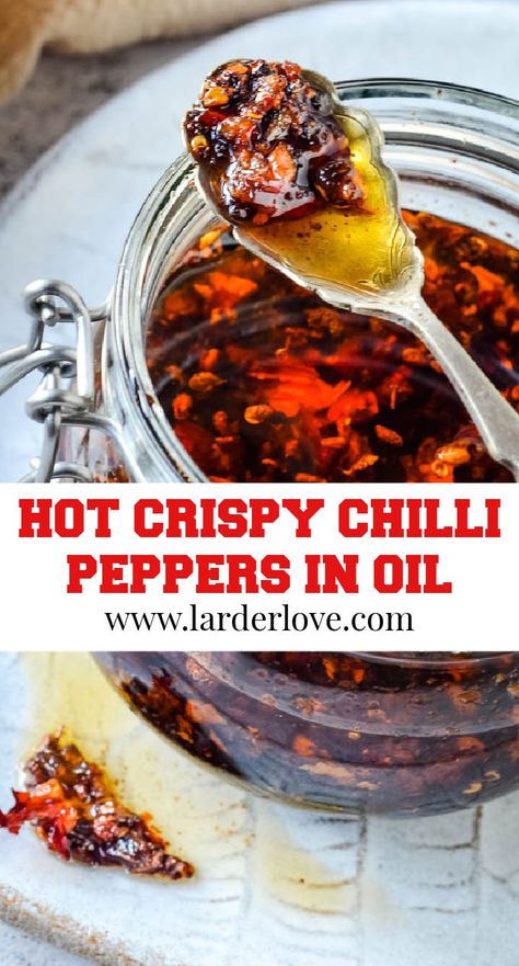 These hot crispy chilli peppers in oil are perfect for adding heat and flavour to everything from noodles to tacos, soup to sandwiches and so much more #chilli #crispychillioil #chillioil #spiceoil #chilliinoil #condiments #larderlove Chili Pepper Jelly Recipe, Hot Pepper Oil Recipe, Chilli Spice, Freezing Peppers, Homemade Curry Powder, Hot Chili Oil, Hot Pepper Recipes, Chili Oil Recipe, Fennel Recipes