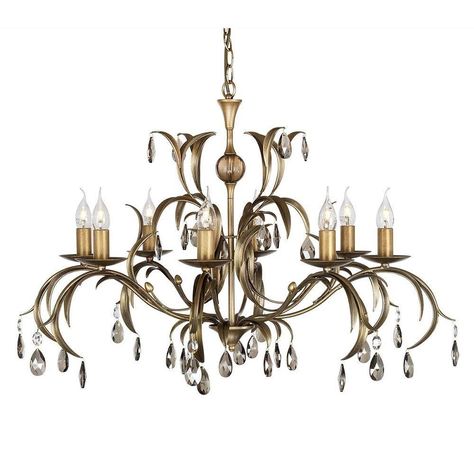 An eight light chandelier, finished in metallic bronze and complete with smoked cut glass droplets.  Chain fitting converts to semi-flush for lower ceilings.  Height (min-max): 610-1080mm Width: 900mm Takes 8x 60w SES candle lamps (not included) Check more at https://zazzyliving.co.uk/shop/product/elstead-ll8-lily-8-light-ceiling-pendant/?utm_source=pinterest Lily Leaves, 8 Light Chandelier, Candle Lamps, Wall Lanterns, Arm Chandelier, Luxury Chandelier, Lampshade Chandelier, Bronze Chandelier, Bronze Patina