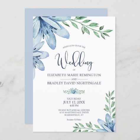 Dusty Blue & Navy Blue Blooms Wedding Invitation Light Blue Wedding, Blue Themed Wedding, Watercolor Floral Wedding Invitations, Greenery Wedding Invitations, Dusty Blue Weddings, Blue Wedding Invitations, Theme Color, E Card, Greenery Wedding