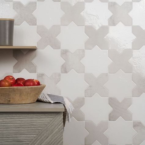 Parma White Polished Star and White Matte Cross 6" Terracotta Look Porcelain Tile | Tilebar.com Cross Tile, Cotto Tile, Star Tile, Traditional Tile, Star Cross, White Polish, Custom Tiles, Girls Bathroom, White Tiles