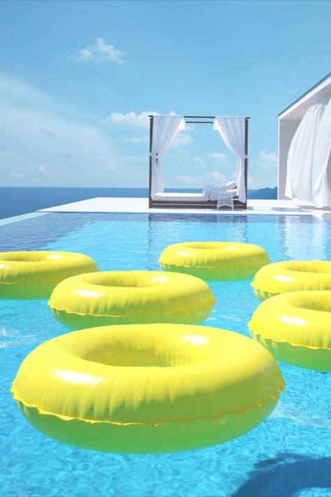 Evening Pool Party, Pool Party Decoration Ideas, Floating Pool Decorations, Swan Pool Float, Pool Decorations, Donut Pool, Swimming Pool Art, Floating Pool Lights, Summer Swimming Pool