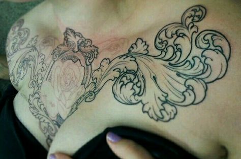 Rose & Flourish Chest Tattoo Victorian Chest Tattoo, Antique Tattoo, Themed Tattoos, Framed Tattoo, Baroque Mirror, Bone Tattoos, Chest Tattoos For Women, Chest Piece Tattoos, Collar Bone Tattoo