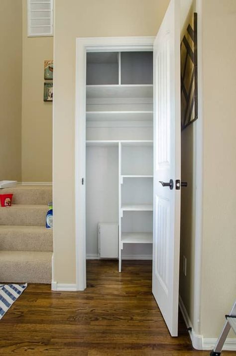 How to Organize a Small Coat Closet | POPSUGAR Family Coat Closet To Storage, Hall Closet Organization Entryway, Coat Closet Designs Entryway, Understairs Coat Closet Ideas, Build A Small Closet, Tiny Entry Closet, Hall Closet Organization Ideas Hallways, Downstairs Closet Organization, Deep Coat Closet Ideas