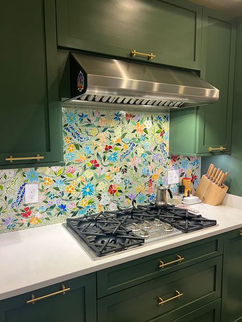 Floral Mosaic Kitchen Backsplash|Designer Glass Mosaics Kitchen Mosaic, Whimsical Kitchen, Mosaic Backsplash Kitchen, Designer Glass, Floral Mosaic, Glass Mosaics, Mosaic Backsplash, Dream House Rooms, Apartment Decor Inspiration