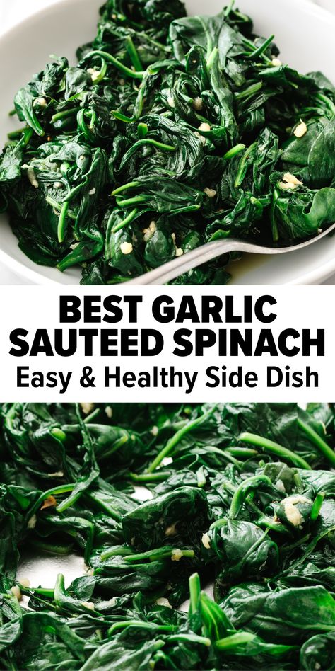 Garlic sauteed spinach in a pan. Sautéed Spinach With Garlic, Sauted Spinach Recipes, Steam Spinach, Cooked Spinach Recipes, Spinach Recipes Side, Downshiftology Recipes, Frozen Spinach Recipes, Fresh Spinach Recipes, Cook Fresh Spinach