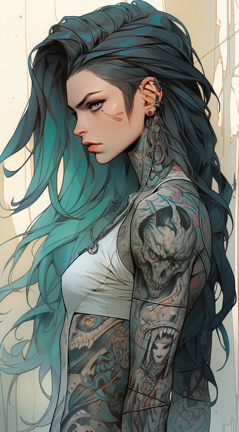 Tattooed Female Character Art, Tattooed Character, Dark Character Design, Cyberpunk Female Character Art, Female Cyberpunk, Tattoo Character, Viking Warrior Woman, Sakura Tattoo, League Of Legends Poster