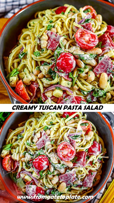 Tuscan Pasta Salad, Creamy Tuscan Pasta, Cheese And Meat Platter, Creamy Italian Pasta Salad, Tuscan Salad, Fettuccini Noodles, Tuscan Pasta, Creamy Salad, Tomato Pasta Salad