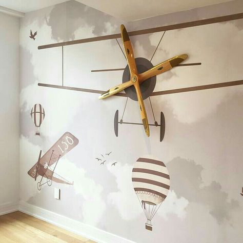 Aviation plane themed awesome wall mural decor for a child or baby’s room Kids Room Wallpaper, Children Room, Boy Bedroom, Big Boy Room, Baby Bedroom, Boys Bedrooms, Hot Air Balloons, Baby Boy Rooms, Kids Room Design