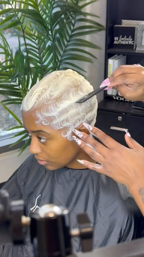 Candice Renee✂️ | Who's Next?? My signature finger waves are created in different patterns... 🌊 Using the Honey Almond x Coconut milk styling foam by… | Instagram Side Part Fingerwaves, Finger Waves Short Hair Blonde, Short Blonde Fingerwaves Black Women, Dyed Finger Waves, Honey Blonde Finger Waves, Pixie Finger Waves, Ginger Finger Waves, Blonde Finger Waves, Short Finger Waves