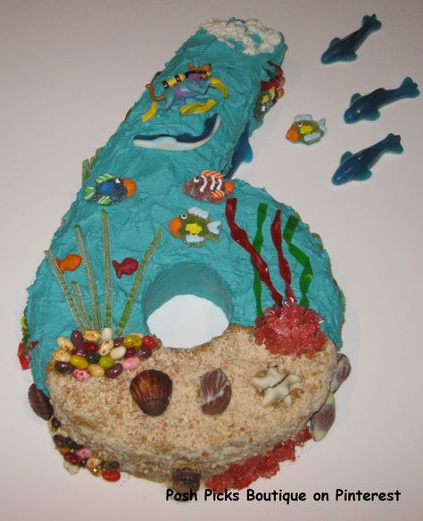 Ocean, Sea Creatures, Seashells, Fishbowl, Under the Sea, Number 6 Birthday Cake Undersea Birthday Cake, Deep Sea Cake Ideas, Underwater Theme Birthday Cake, Under The Sea Number Cake, Sea Creature Birthday Cake, Number 6 Birthday Cake, Sea Creature Cake, Underwater Birthday Cake, Number 6 Cake