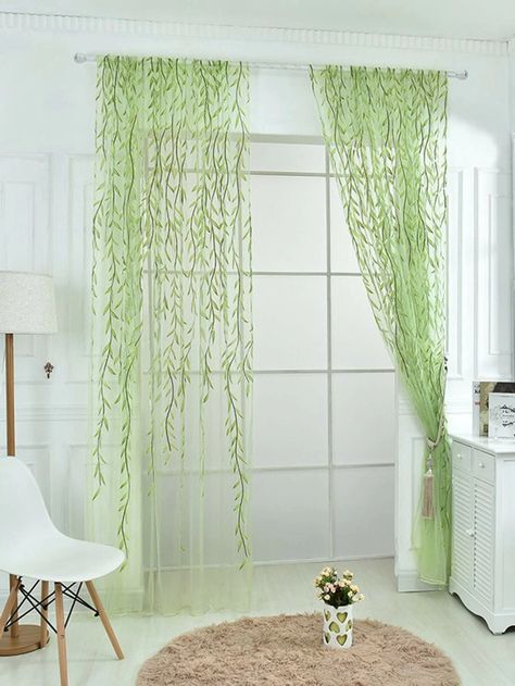 1pc Leaf Pattern Sheer Curtain | SHEIN USA Green Window Treatments, Ideas Armario, Balcony Curtains, Leaf Curtains, Voile Panels, Green Windows, Tulle Curtains, Net Curtains, Voile Curtains