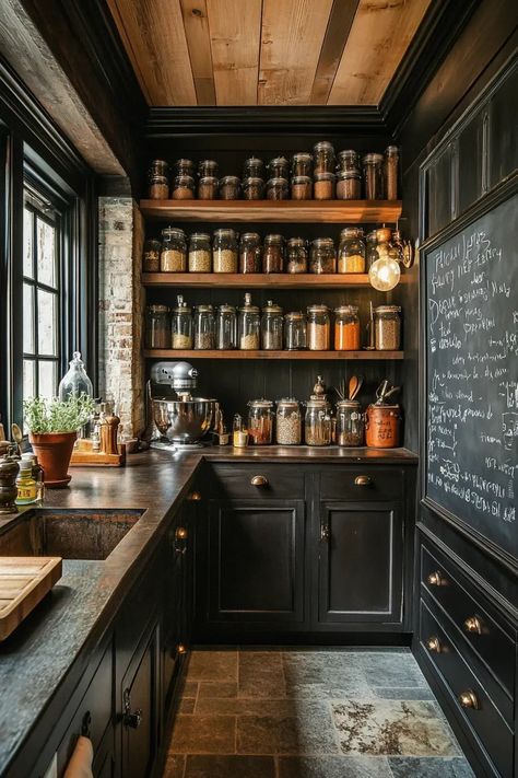 22 Dark Academia Kitchen Ideas, Incorporate a moody game room next to your dark academia kitchen. Use matte black appliances, dark grey cabinets, and rich wall colors for a cohesive, atmospheric look. #DarkAcademiaKitchenIdeas #MoodyGameRoom #DarkGreyKitchen #MatteBlackAppliances #DarkKitchen #HallwayWallColors #DarkAcademiaInterior Dark Vintage House Aesthetic, Dark Butlers Pantry Ideas, Dark Aesthetic Kitchen Ideas, Dark Academia Mudroom, Kitchens Black Countertops, Moody Rustic Kitchen, Dark Academia Interiors, Black Wood Kitchen Cabinets, Small Kitchen Design Inspiration