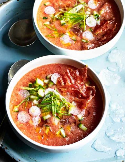 Try our melon gazpacho recipe serving 2. This gazpacho recipe is low in calories and gluten free. An easy summer starter that's quick to make Recipe With Burrata, Green Gazpacho Recipe, Melon Gazpacho, Green Gazpacho, Dinner Party Starters, Light Summer Meals, Cauliflower Fritters, Gazpacho Recipe, Soup With Ground Beef