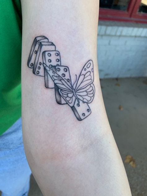 Butterfly Domino Effect Tattoo, Domino’s Tattoo, Butterfly And Dominos Tattoo, Butterfly Aesthetic Tattoo, Dominos Tattoo Ideas, Domino Butterfly Tattoo, Butterfly Effect Tattoo Dominos, Butterfly Domino Tattoo, Domino Effect Tattoo