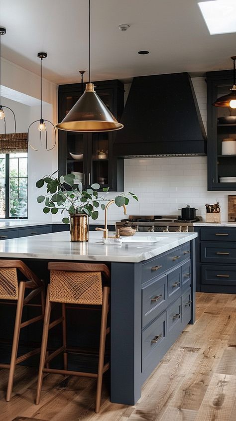 Blue Island Kitchen With Wood Cabinets, Kitchen With White And Navy Cabinets, Navy Industrial Kitchen, Sherwin Williams Blue Kitchen Island, Navy Kitchen With Marble Worktop, Navy White And Black Kitchen, House Interior Navy Blue, Dutch Blue Kitchen, Modern Farmhouse Blue Kitchen