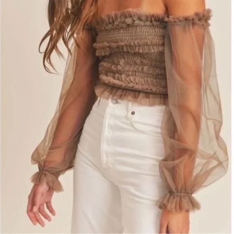 MABLE off shoulder tulle smock crop top. Off Shoulder Tulle, Tulle Sleeves, Strappy Tank Tops, Floral Tunic, Sleeveless Tunic, Sheer Blouse, Dot Dress, Polka Dot Dress, Denim Top