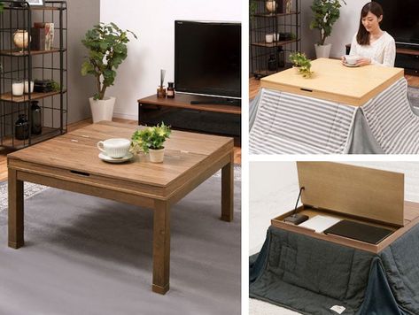 A Japanese heated table, also called a kotatsu, is a storage bin, eating surface, and cozy space all rolled into one. Japanese Heating Table, Modern Kotatsu, Kotatsu Aesthetic, Japanese Kotatsu, Part Storage, Writing Studio, Luxury Furniture Design, Tiny Apartment, Square Table